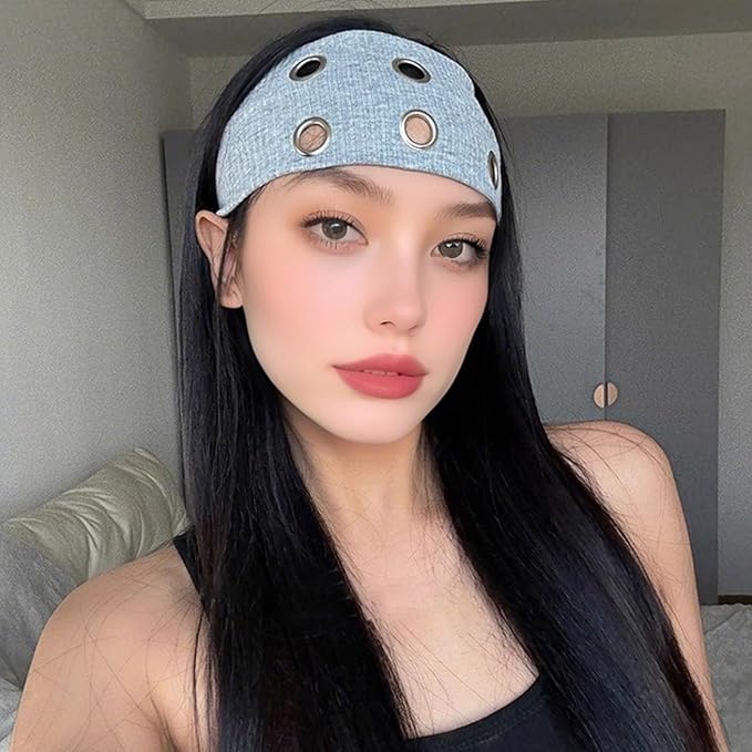 papasgix Grommet Headband for Women, Y2K Elastic Headband Wide Black Hair Band with Holes Metal Rock Style 2000s Hair Accessories (1, Black)