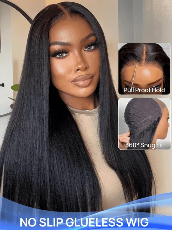 Julia Hair No Slip Yaki Straight 7x5 Lace Closure Glueless Drawstring Wig Flexible Mesh Cap Bye-Bye Slip Pre Cut HD Lace Front Pre Everything Bleached Knots Wear and Go Wig,Zero Slip Hold 22 Inch