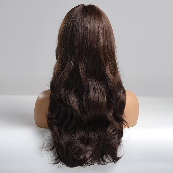EMMOR Brown Wig with Bangs Long Body Wave Wig for Women Heat Resistant Synthetic Wigs Natural Looking