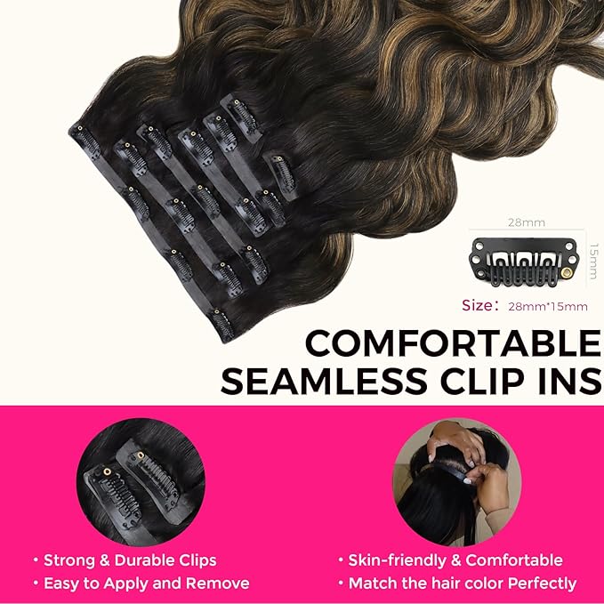 Lashey Seamless Clip in Hair Extensions Remy Human Hair Natural Black Mixed Chestnut Brown 110g 7pcs Body Wave 24 Inch