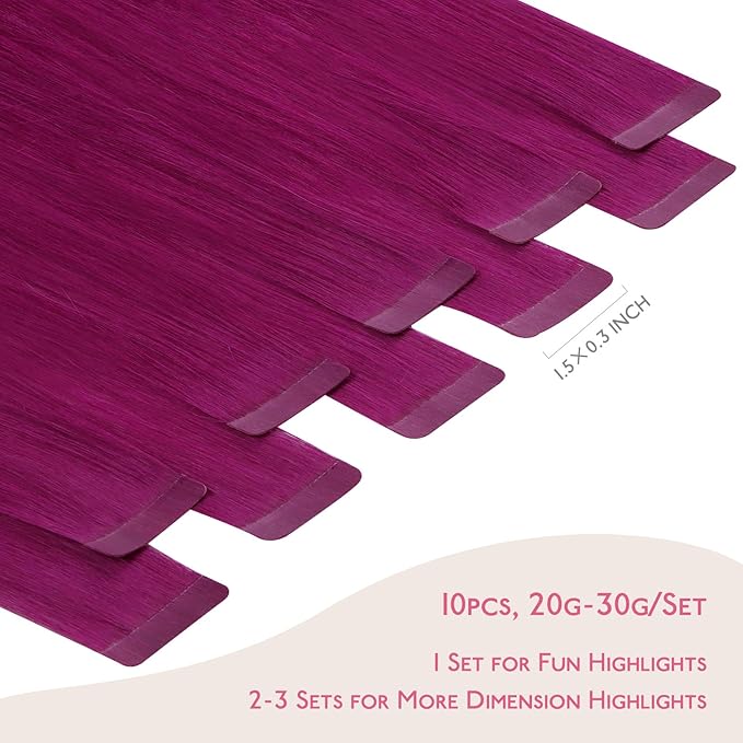 WENNALIFE Tape in Hair Extensions Human Hair Violet Tape in Extensions, 10pcs 30g 20 inch Remy Invisible Tape Ins Straight Colored Soft Real Human Hair Tape in Extensions Refill Set Extensions