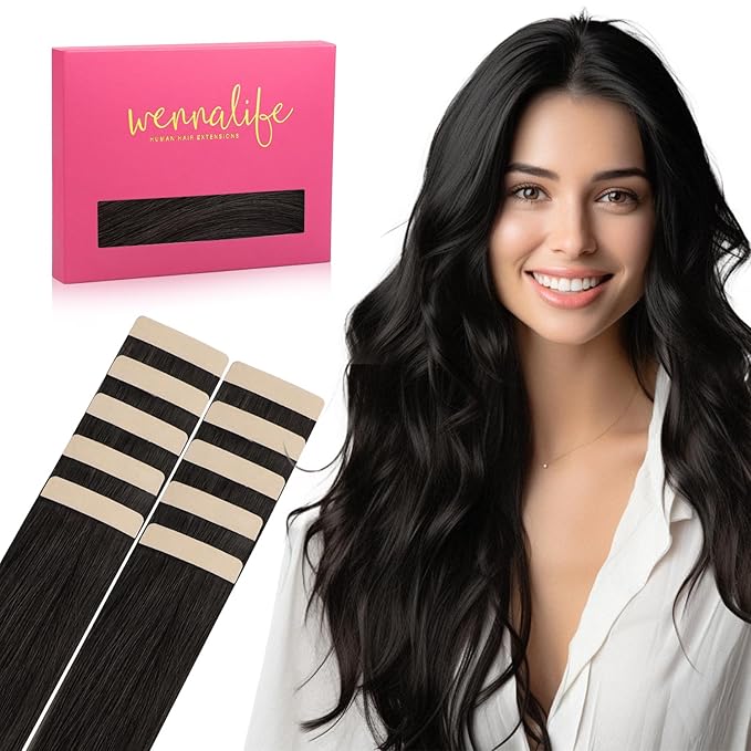 WENNALIFE Tape in Hair Extensions Human Hair Natural Black Tape in Extensions, 10pcs 20g 12 inch Remy Invisible Tape Ins Straight Colored Soft Real Human Hair Tape in Extensions Refill Set Extensions