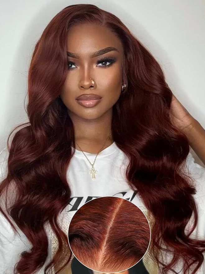 KLAIYI Bye Bye Knots Glueless Wig Reddish Brown Body Wave 7x5 Pre Cut HD Lace Front Wigs Human Hair Put On And Go Wig Pre Bleached Pre Plucked with Baby Hair 30S Ready To Wear 150% Density Full 16Inch