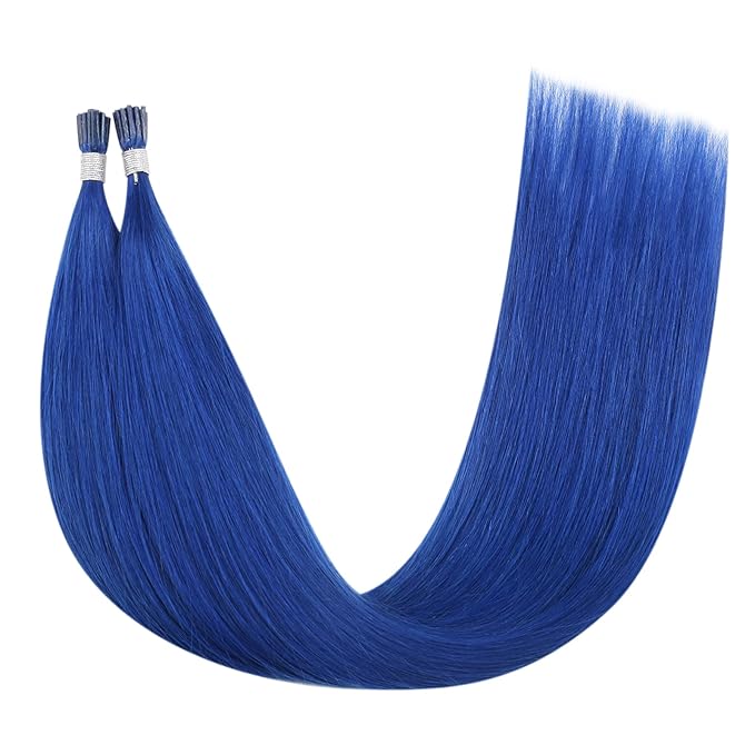 YoungSee I Tip Hair Extensions Blue 24 Inch Human Hair I Tip Extensions Blue Long Hair Color Itip Hair Extensions Soft and Silky for Girls Diy Your Hairstyle 25s 25g