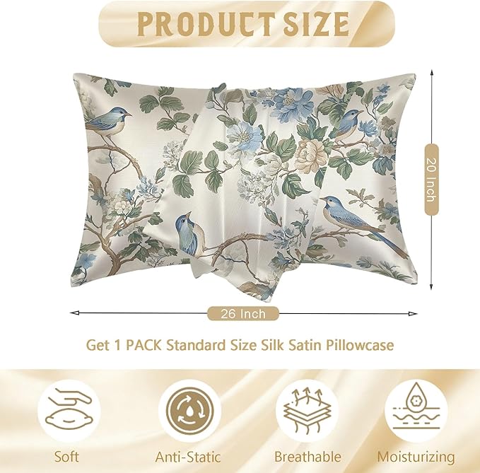Silk Pillow Case for Hair and Skin Abstract Blue Beige Floral and Bird Standard Size Silk Pillow Case with Zipper Super Soft Pillow Covers for Women Bed Sleeping, 20x26 Inches