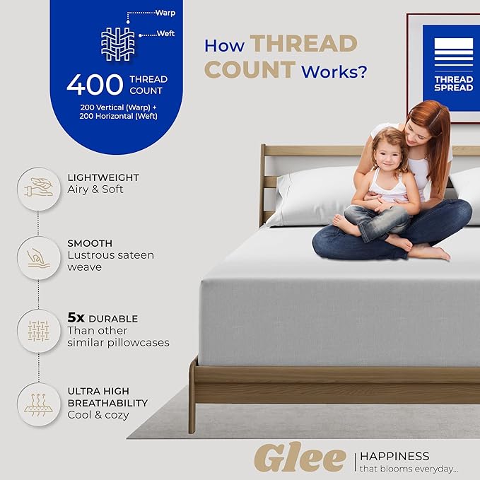 THREAD SPREAD 100% Cotton Pillowcases Standard/Queen Size Set of 2-400 Thread Count Cotton Pillowcases, Ultra Soft Cooling Sateen Weave Pillow Cases for Sleeping, Set of 2 Pillow Covers (Silver)