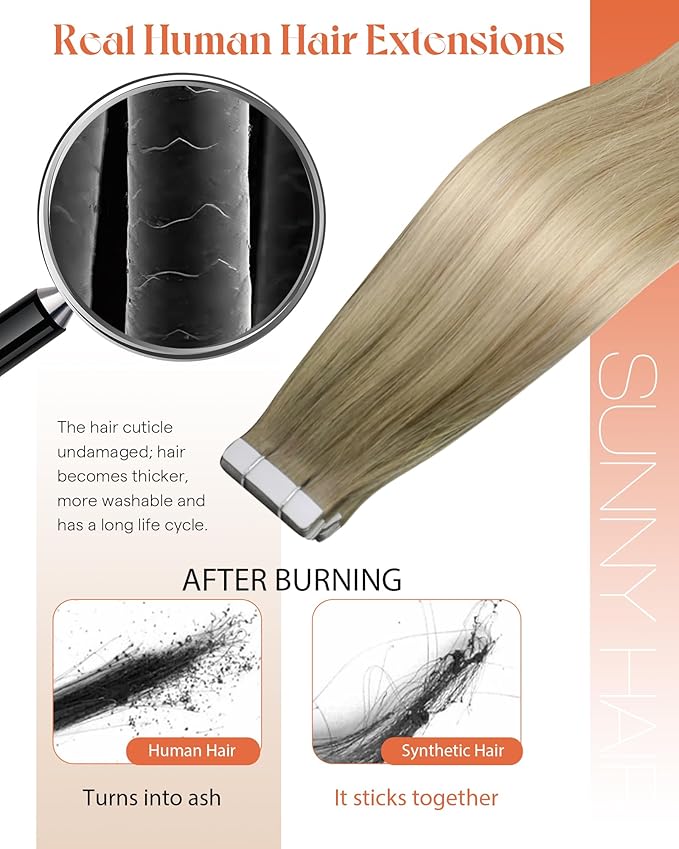 Sunny Hair Tape in Hair Extensions Real Human Hair Invisible Remy Hair Extensions Tape ins for Women Ash Blonde Root to Platinum Blonde Balayage 14 inch 20Pcs 50G