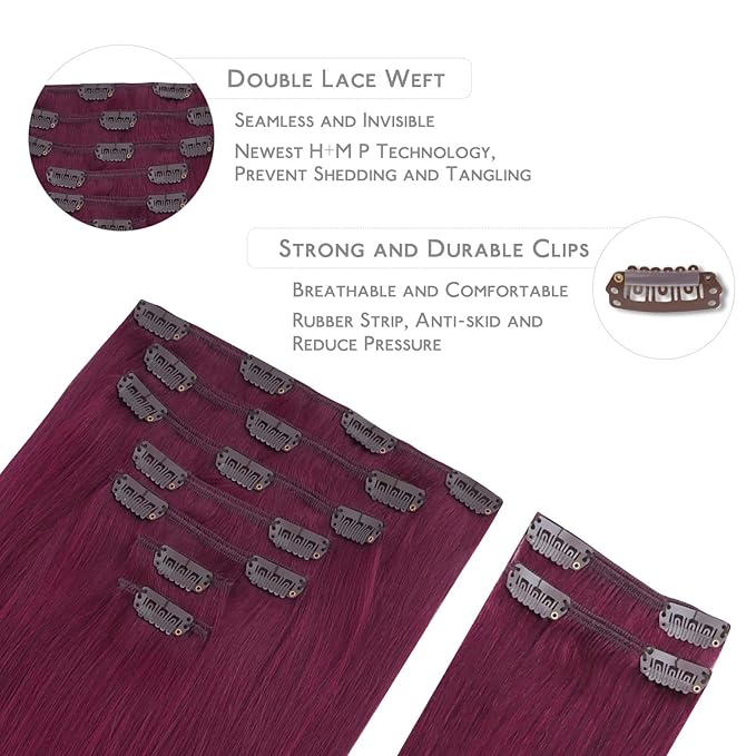 WENNALIFE Clip in Hair Extensions, 150g 22 Inch 9pcs Light Burgundy Remy Hair Thicker Double Weft Extensiones De Cabello Humano Con Clip Ins Straight Full Volume