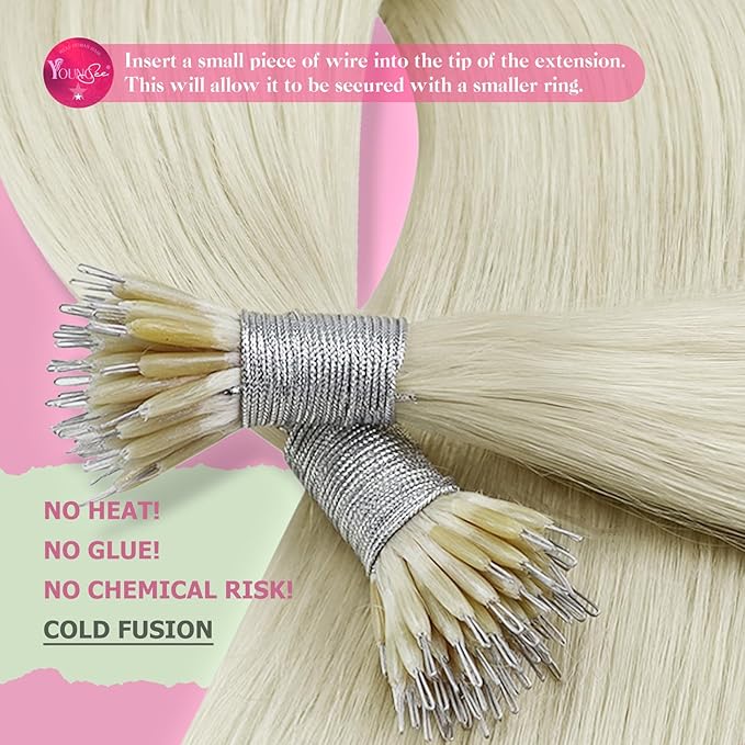 YoungSee Nano Ring Hair Extensions Human Hair Platinum Blonde 26inch Nano Bead Hair Extensions Human Hair Blonde Nano-Ring Hair Extension Blonde Nano-Link Extension Real Human Hair for Long 50s 50g