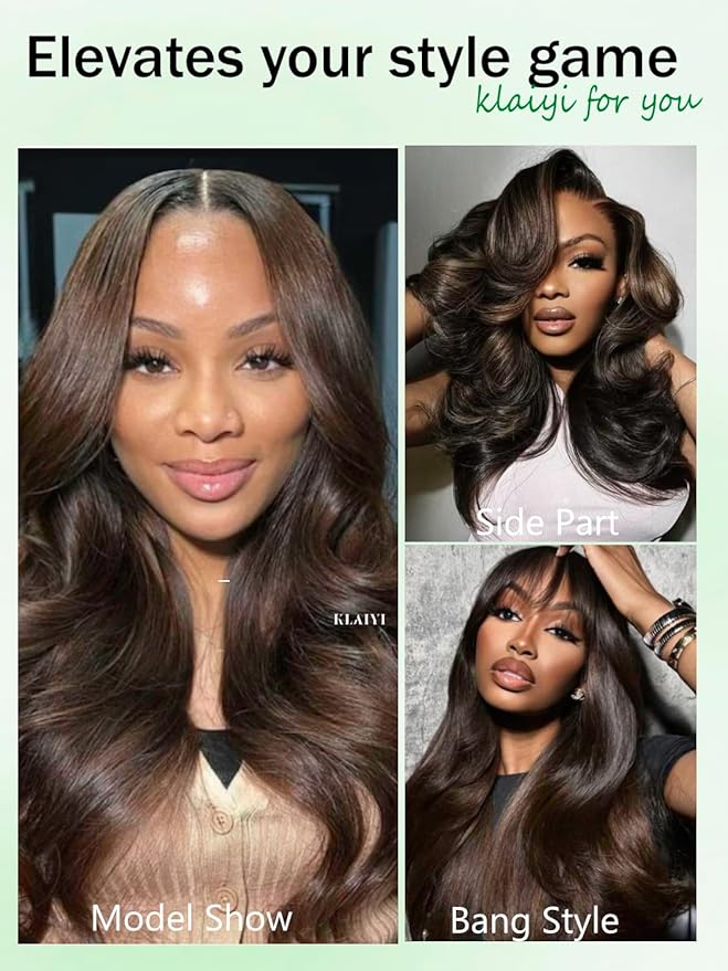 KLAIYI 13x4 Pre Everything Lace Front Chocolate Brown With Highlights Loose Body Wave Wig Human Hair Pre Cut Lace Pre Bleached Bye Bye Knots Pre Plucked Ombre Glueless Wear Go Wig Ready to Wear 26Inch