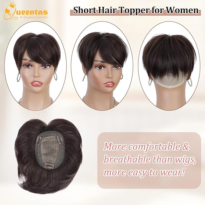 QUEENTAS Brown Short Hair Toppers for Women with Thinning Hair 360°3D Cover with 3 Clips Hair Pieces Wispy Bangs 4.6"*3.6" Coverage(Dark Brown/#2)