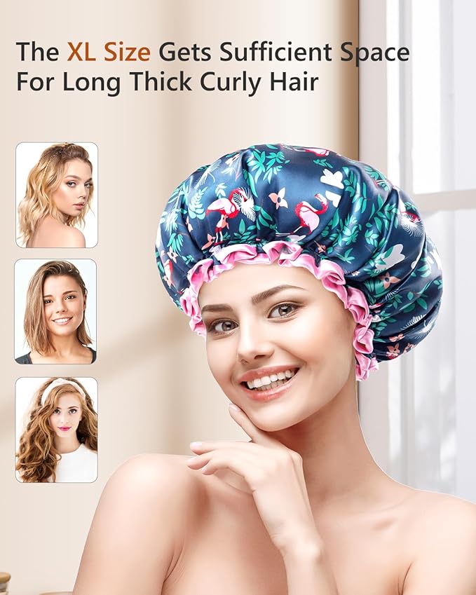 mikimini Large Shower Cap for Women Long Hair, Flamingo Shower Caps with Pink Lace, Double-layer Waterproof, Reusable, Washable,X-Large (Pack of 1)