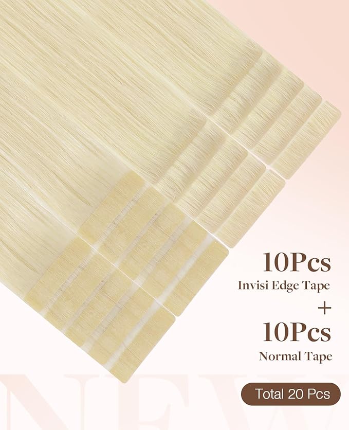 GOO GOO Invisi Edge Tape in Hair Extensions Human Hair, 60A Platinum Blonde 10pcs injected with 10pcs classical tape ins, 18inch 50g, Virgin Remy Hair, Natural Look