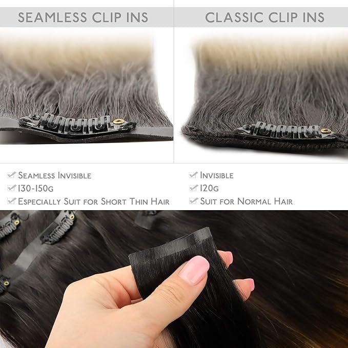 WENNALIFE Seamless Clip In Hair Extensions, 22 Inch 150g 7pcs Dark Brown to Chestnut Brown and Dirty Blonde Hair Extensions Clip in Human Hair Invisible PU Skin Weft Remy Human Hair Extensions