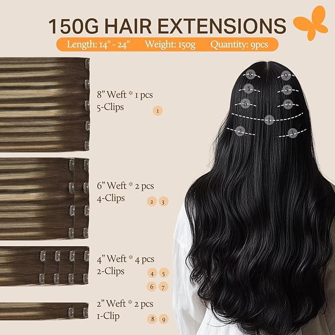 DOORES Clip in Hair Extensions - Real Human Remy Hair, Balayage Chocolate Brown to Honey Blonde, 150g 18 Inch 9pcs, Thick Extensions
