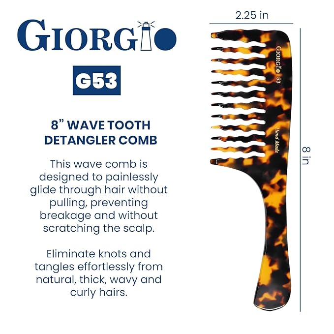 Giorgio G53 Handmade Rake Comb for Curly, Thick and Wet or Dry Hair - Wide Tooth, Detangling and Hand Polished (8")