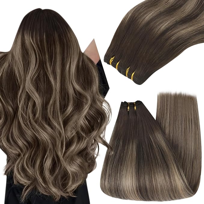 YoungSee Sew in Hair Extensions Real Human Hair Balayage Weft Hair Extensions Human Hair Chocolate Brown with Ash Blonde Balayage Sew in Extensions Long Straight Hair 24Inch 100G