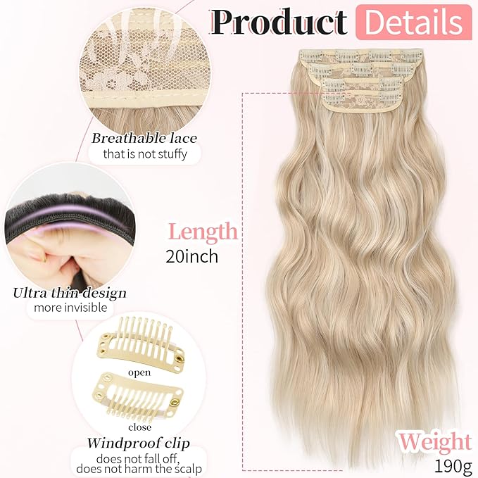 KooKaStyle Clip in Long Wavy Synthetic Hair Extension 20 Inch Pearl Blonde 4PCS Thick Hairpieces Fiber Double Weft Hair for Women