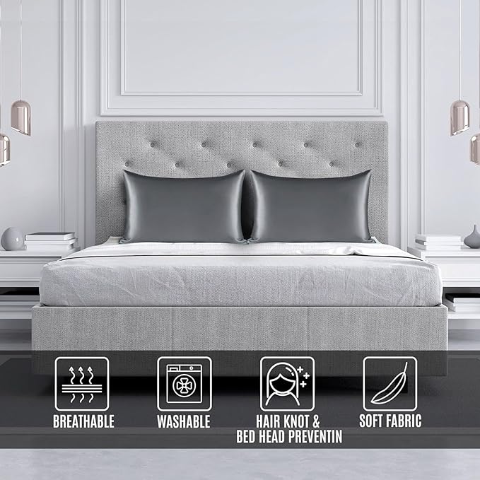 Satin Silk Pillowcase for Hair and Skin, Black Pillow Cases Standard Size Set of 4 Pack Super Soft Pillow Case with Zipper Closure (Gray, Queen(4 Pack))