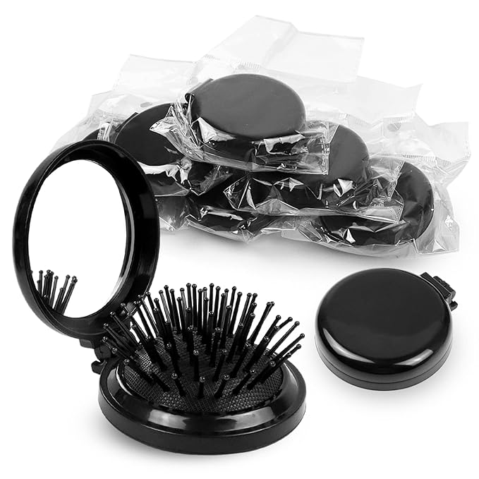 20 Pack Folding Travel Mirror Hair Brushes Round Folding Pocket Hair Brush Mini Hair Comb Compact Travel Size Hair Massage Combor Women and Girls (Black)