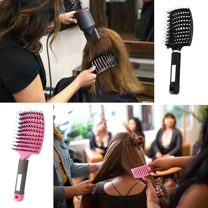 Hair Brush, 2 Pack Boar Bristle, Vented, Curved, Fast Blow Drying, Detangling, Shine & Smooth, All Hair Types, Unisex, Pink & Black