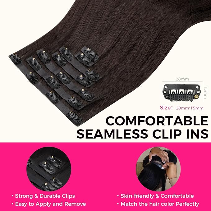 Lashey Seamless Clip in Hair Extensions Human Hair #2 Dark Brown Light Yaki Straight Clip in Extensions Real Human Hair 7pcs 110g 20 Inch PU Weft Natural Hair Extensions for Women