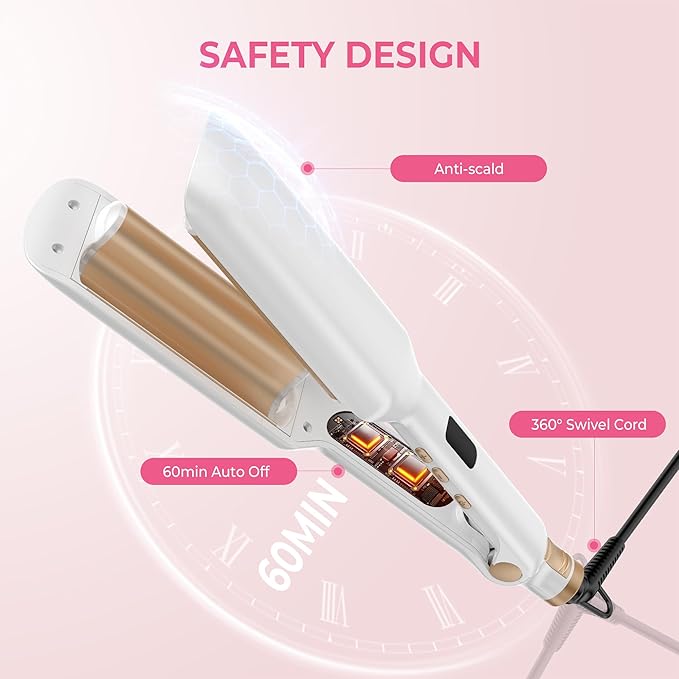 Curling Iron Hair Crimper Waver, 1/2 Inch Beach Waves Curling Wands, Ceramic 2 Barrels Deep Waver, Dual Voltage Hair Culer Tools with EU/UK Plug Adapter, 12 Temps, 30S Fast Heat up, Auto-Off (White)