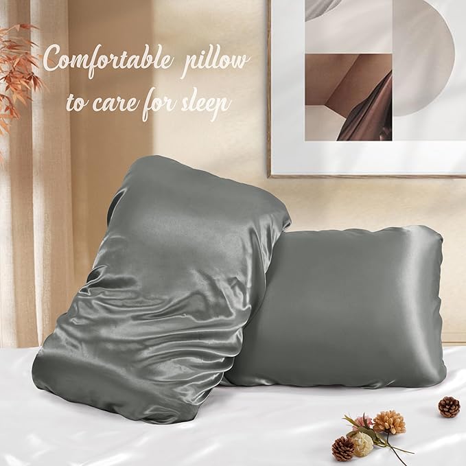 Manyshofu Satin Pillowcases for Hair Protection - 2Pcs Grey Pillow Cases, Elastic Band Standard & Queen Satin Pillowcases Luxury Silky Pillow Cases Travel Pillow Covers