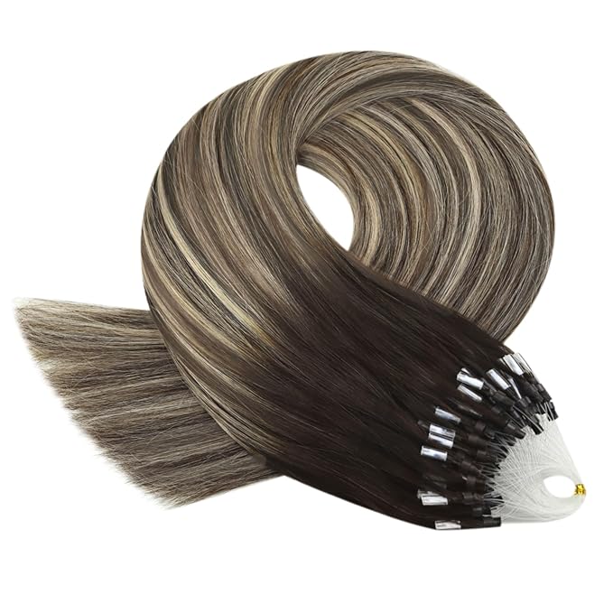 YoungSee Micro Bead Hair Extensions Real Human Hair Balayage Micro Ring Hair Extensions Human Hair Ombre Dark Brown to Blonde Beaded Hair Extension 22 Inch for Date Nights 50g 50s