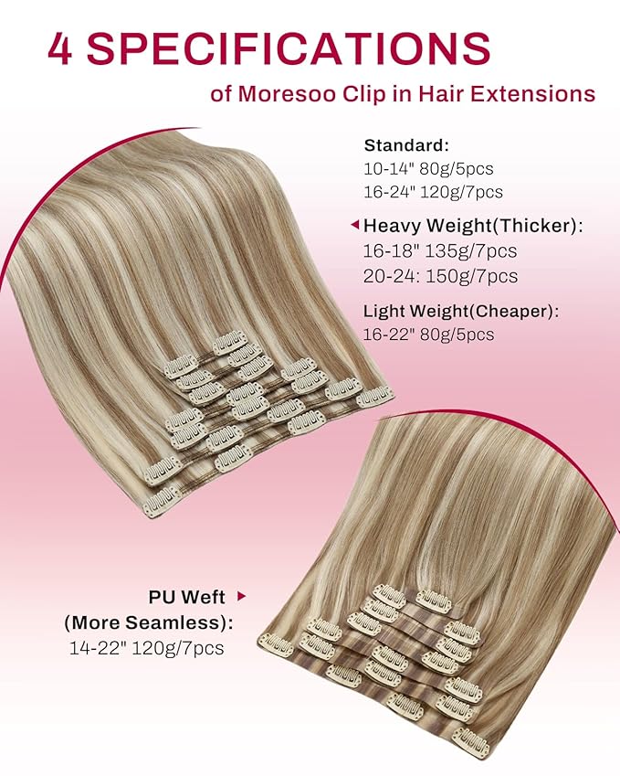 Moresoo Clip in Hair Extensions Remy Double Weft Human Hair Clip in Extensions Straight Hair Extensions for Women Light Brown Highlights with Blonde 7pcs 150g 22inch