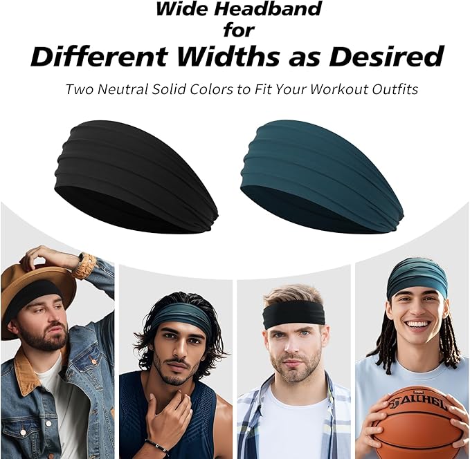 Wide Headbands for Men, Men’s Headbands for Long Hair, Head Bands for Men for Workout, Running, Baseball, Football, Tennis, Basketball, Softball, 8 Pieces