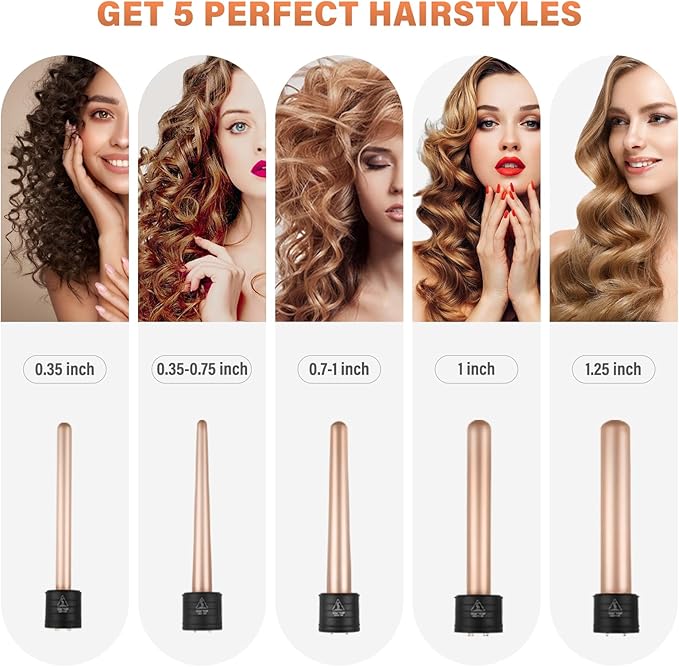 janelove 5 in 1 Wand Curling Iron Set, Ceramic Hair Curling Iron(0.35”-1.25”), Hair Curler for All Hairstyle, with Adjustable Temperature Dual Voltage, Instant Heat up, with Glove & 2 Clips(Gold)