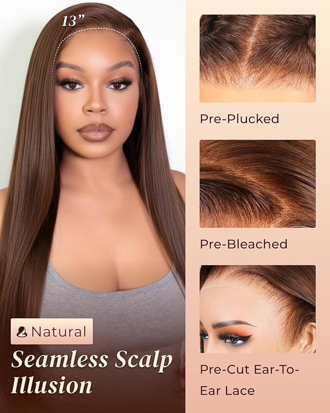 Arabella 13x6 Chocolate Brown Lace Front Wig 210% Brown Glueless Wig Human Hair Real HD Lace Front Wig True Pre Plucked Pre Bleached Pre Cut Glueless Wig (22inch,13x6 Chocolate Brown Straight wig)