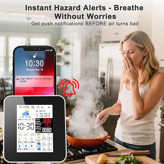 Air Quality Monitor Indoor 17-Parameter with APP Control Real-Time Display for CO2 PM2.5 PM10 Temperature Humidity 4 Sensors Alerts and Protection for Baby Rooms