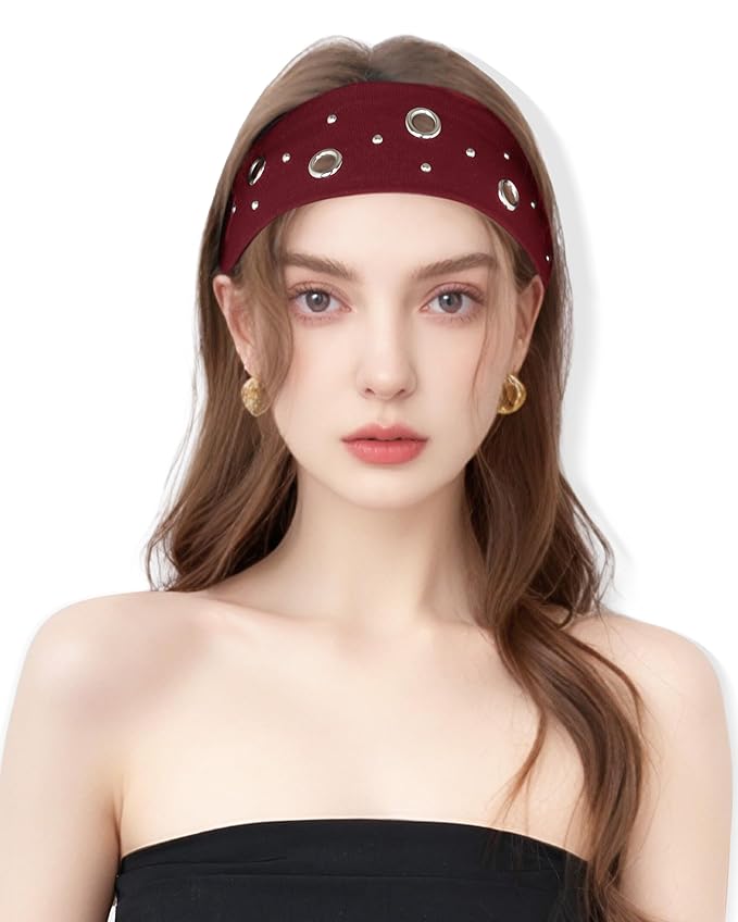 Grommet Headband for Women, Red Round Studs 23cm Hollow Out Elastic Hair Band, Eyelets Punk Grunge Stylish Hairband