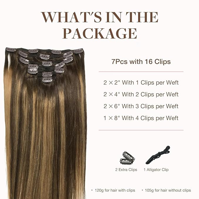 GOO GOO Clip in Hair Extensions Real Human Hair, Remy Human Hair Extensions Clip ins for Women, Natural Human Hair, 18inch 180g 7Pcs, #4/27/4 Balayage Chocolate Brown to Caramel Blonde