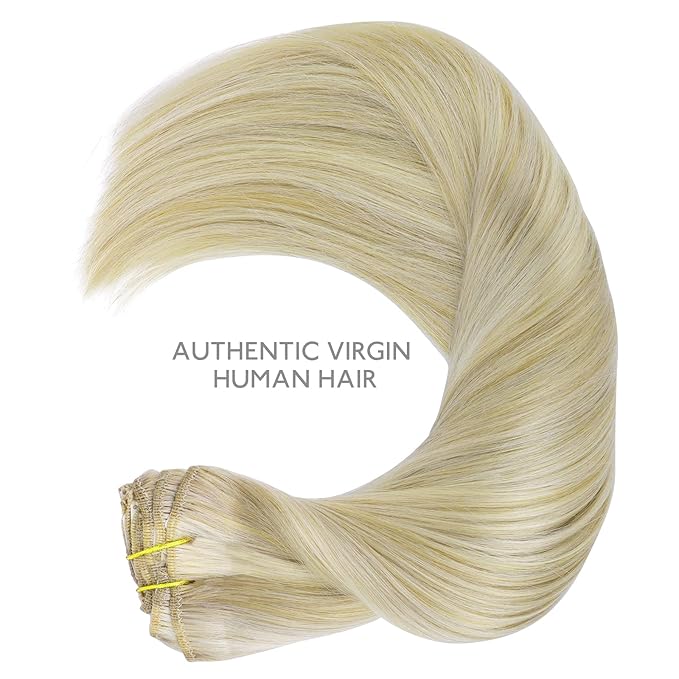 WENNALIFE Clip in Hair Extensions Real Human Hair, 22 Inch 130g 7pcs Remy Hair, Ash Blonde Highlighted Platinum Blonde Straight Natural Extensiones De Cabello Humano Con Clip Ins