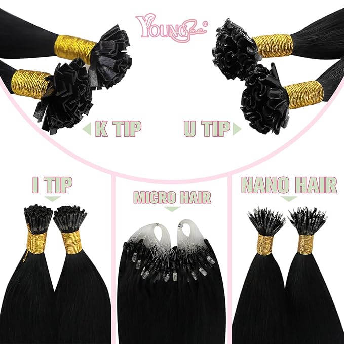 YoungSee K Tip Hair Extensions Black K Tips Human Hair Extensions for Wedding Jet Black 22In 50s/50g
