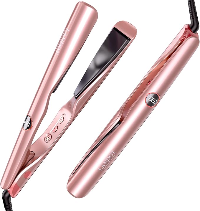 LANDOT 2-in-1 Hair Straightener and Curling Iron: Twist Flat Iron Curler for Curl Wave Straighten - Ceramic Straightening Iron Dual Voltage 12 Temp 250-450F for Smooth Curls & Sleek Straight Results