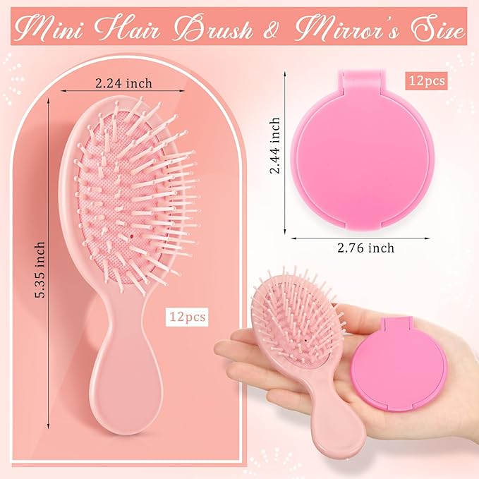 Meanplan 24 Pcs Mini Hair Brush Set 12 Travel Wet Dry Hair Combs Pocket Detangling 12 Compact Folding Makeup Mirrors for Spa Sleepover Birthday Bridal Shower Bachelorette Christmas Party Gift (Pink)