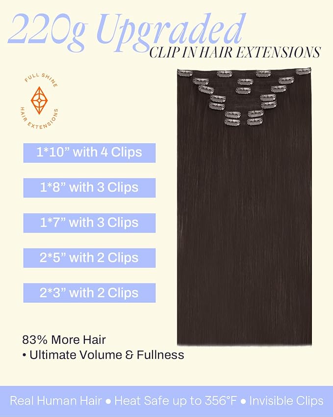 Full Shine Clip in Hair Extensions Dark Brown 24 Inch 220 G Long Dark Brown Hair Extensions Thick Human Hair Clip in Extensions for Length 7 Pcs