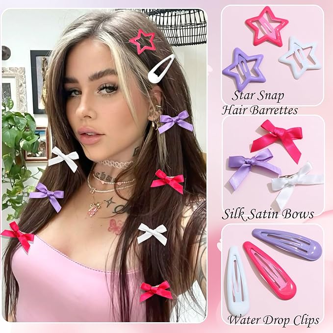 36Pcs Hot Pink Mini Hair Bows Purple Star Snap Hair Barrettes for Women White Water Drop No Slip Hair Clips Small Bow Hair Clips Star Bowknot Hair Accessories for Teens Girls