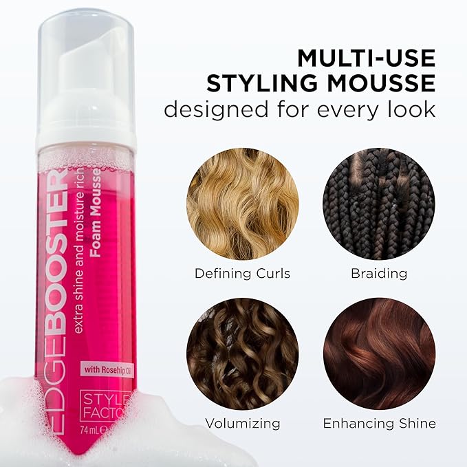 Style Factor EDGE BOOSTER Extra Shine & Moisture Rich Foam Mousse | Lightweight Styling for Curls, Waves, Braids & Locs | Volume & Shine | with Elderberry & Flaxseed Extract | 9 fl oz