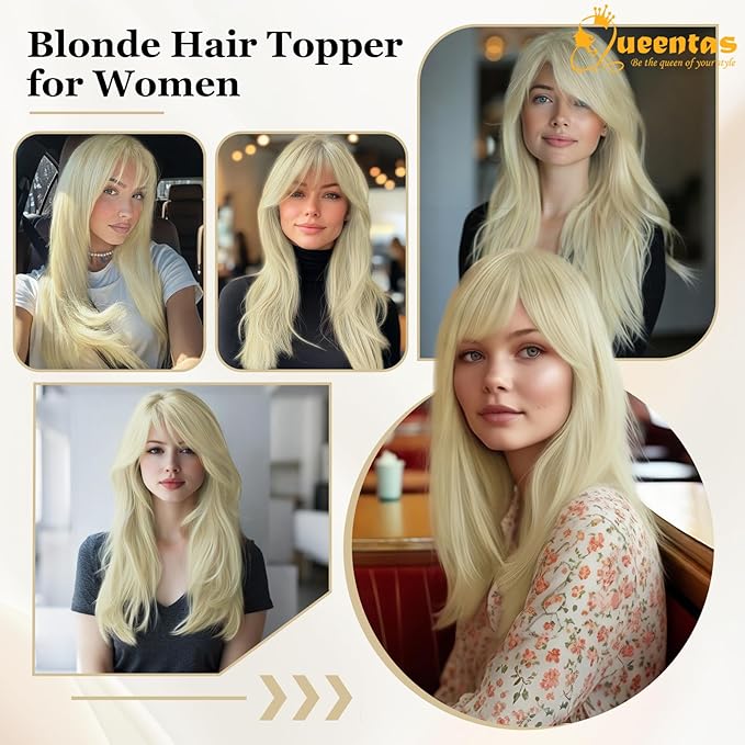 QUEENTAS 18" Blonde Hair Topper for Women with Thinning Hair Pieces 6"*6.2"Large Coverage 360°3D Cover Synthetic Long Straight with 5 Clips in Wiglets(Blonde)