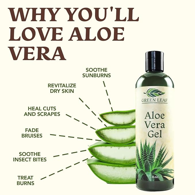 Green Leaf Naturals Amazing Aloe Vera Gel - Freshly Cut, 100% Pure Aloe, Premium Quality, Vegan, Unscented - Natural Sunburn Relief, After Shave, Skin, Face & Hair Care 8oz