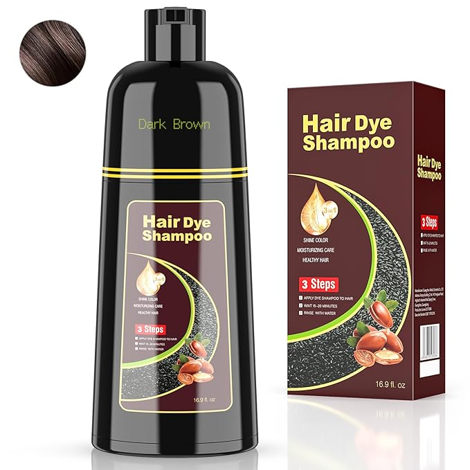 Dark Brown Hair Dye Shampoo for Woman & Man, Argan Hair Color Shampoo 3 in 1, Semi-Permanent Gray Hair Coverage, Mild Formula, Lasts 30 Days(16.90 oz)