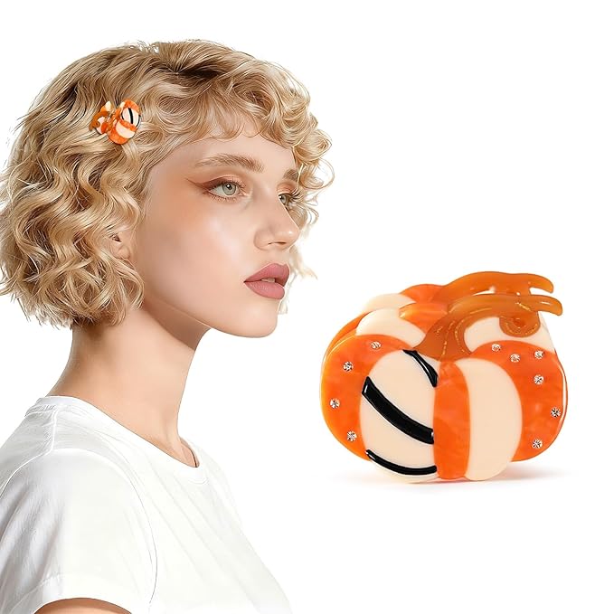 Original Italian Designed Mini Hair Claw Clips for Women - Orange Pumpkin, Handmade Vintage Cute Fall Halloween Hair Accessories, Plant-Based Acetate, Gift Boxed