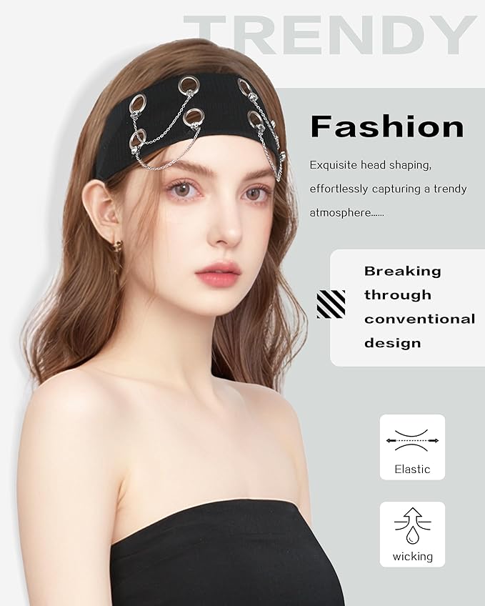 Grommet Headband for Women, Chain Black 20cm Hollow Out Elastic Hair Band, Eyelets Punk Grunge Stylish Hairband