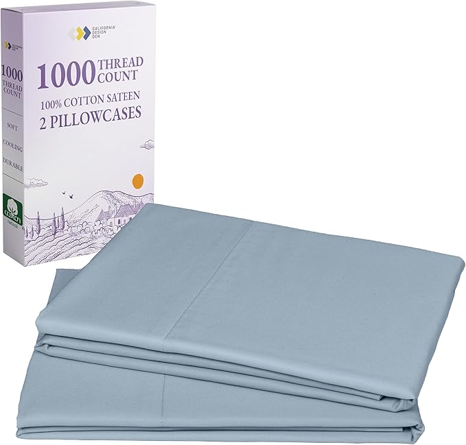 California Design Den King Size Pillowcases Set of 2-1000 Thread Count Sateen, Soft and Thick 100% Cotton King Size Pillow Covers, Durable - Blue