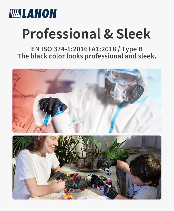 LANON 6-mil Black Nitrile Disposable Gloves, Food-Safe, Powder-Free, Heavy-Duty, Textured Fingertips, Latex-Free, Large